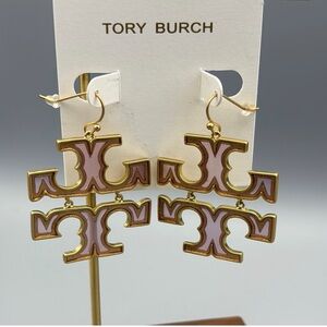 Tory Burch Double T Gold and Pink large statement earrings